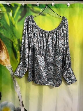 Lane Bryant Mosaic Print Peasant Blouse - Gray, Black, White